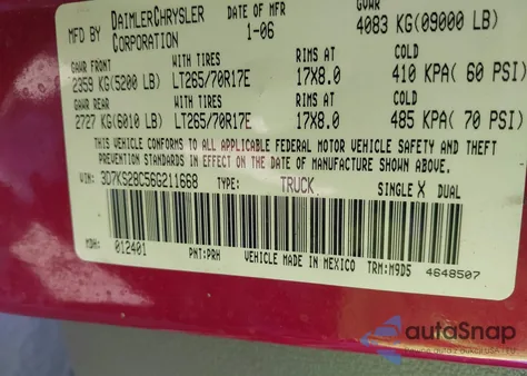 2006 Dodge Ram 2500 St/Slt/Laramie from USA, damaged, VIN 3D7KS28C56G211668